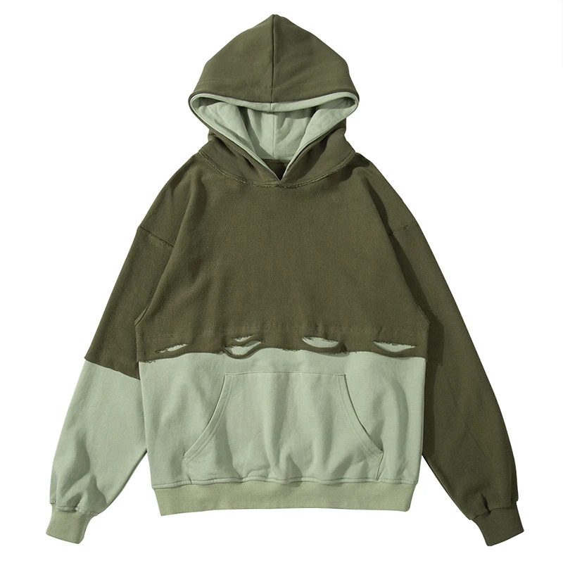 

High Street Double Hat Stitching Holes Fake Two Piece Hoodies Mens Oversize Pullover Color Block Loose Casual Sweatshirt