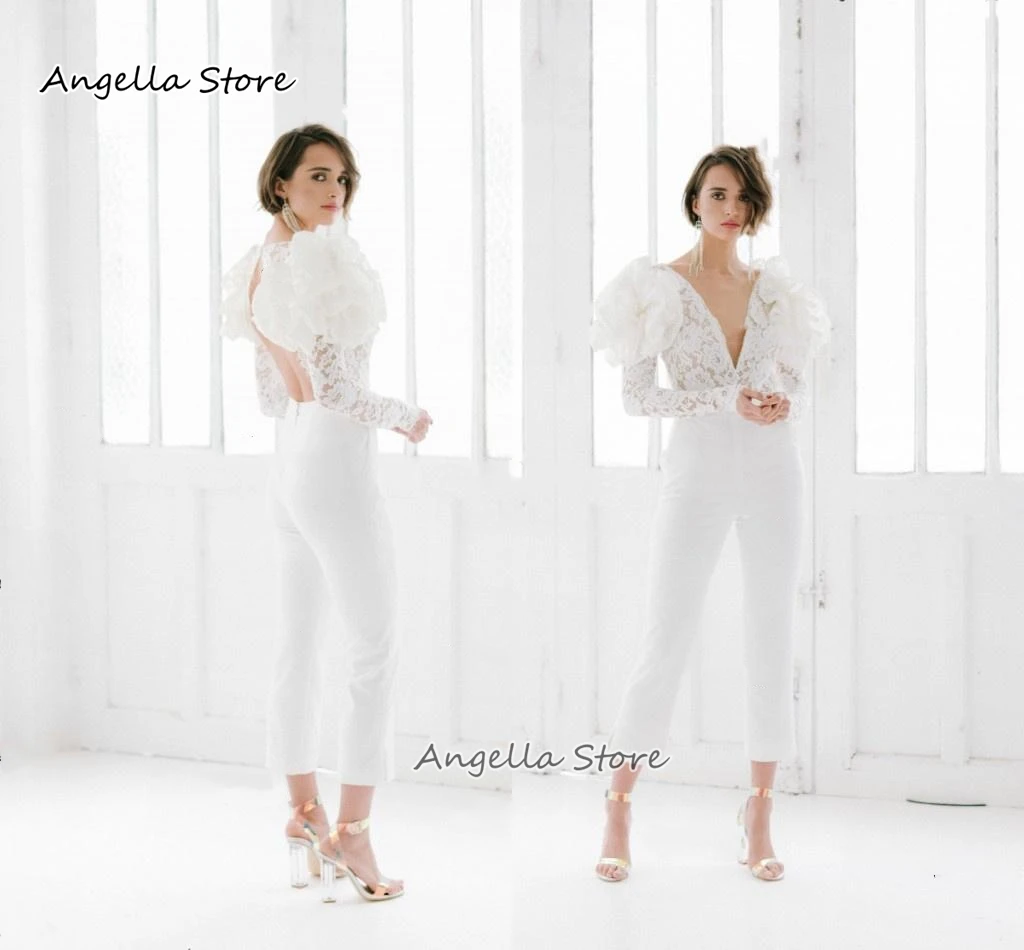 

Lace Long Sleeve Jumpsuit Wedding Dress For Women 2021 Deep V Neck Ruffle Floral Sexy Backless Bridal Gown Pants Suit Boho Beach