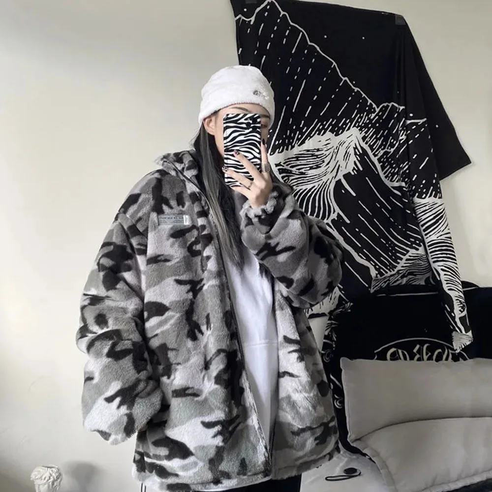 

Трендовая Двухсторонняя куртка, Женская парка на осень и зиму, Корейская Свободная куртка с бархатной подкладкой, толстая камуфляжная курт...