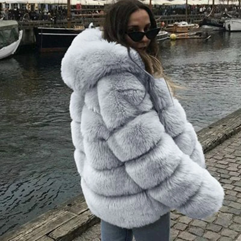

Faux Fox Fur Coat Plus Size Hooded Thick Clothes Autumn And Winter Fluffy Clothes High-Quality Warm Outerwear