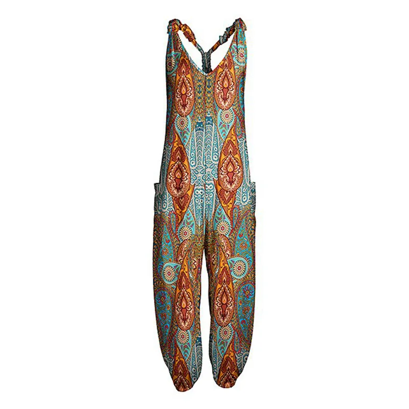 

Women Teal & Orange Racerback Sleeveless Harem Jumpsuit Spaghetti Straps Long Summer Vintage Paisley Overall Jumpsuit For Women