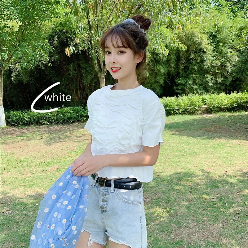 

New Women Summer Blouse Korean Style Short Sleeve Girl Pleated Solid Tops Casual Sweet Short Shirts For Girls Lady Fashion 2020