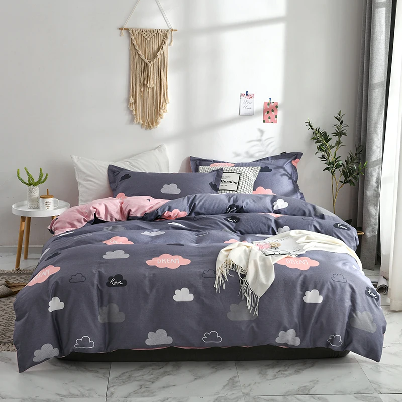 

2021 Four-piece bedding simple cotton double household bed sheet quilt cover thickening sanding dormitory bed sheet dark gray
