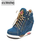Весенне-осенние женские джинсовые кроссовки GXCMHBWJ на танкетке, боковая молния, шнуровка, Вулканизированная обувь, ботинки на толстой подошве и платформе со скрытым каблуком