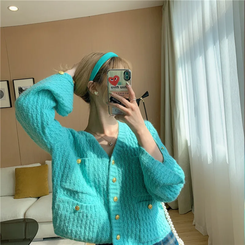 

Nice Spring Pop Korean Temperament Xiaoxiang V-Neck Short Split Cuff Design Knitted Sweater Cardigan Female Y14