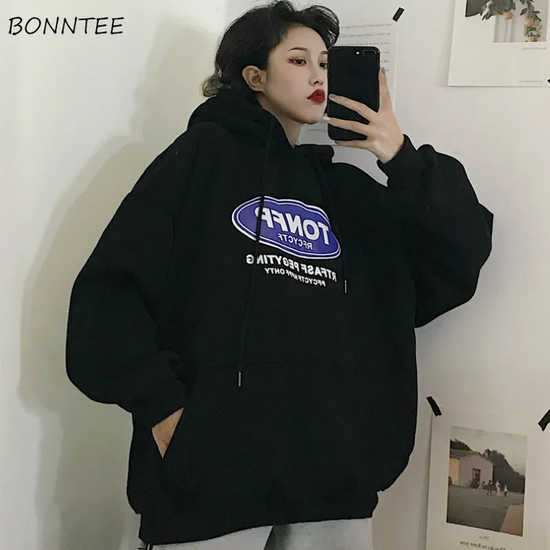 

Women with Hat Hoodies Fashion Chic Letter Front Pocket Loose Streetwear All-match Thicker Plus Velvet Lazy Pullovers Ulzzang