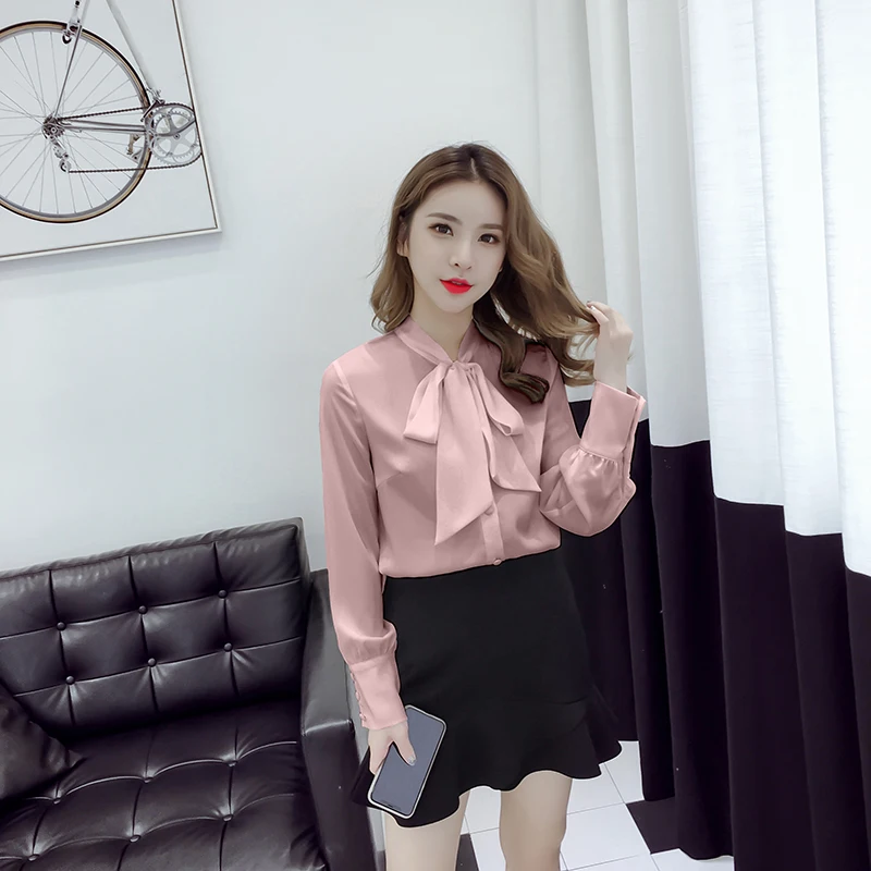 White Shirt Women's Chiffon Office career white shirt Bow Tops Fashion Casual Long Sleeve Women |
