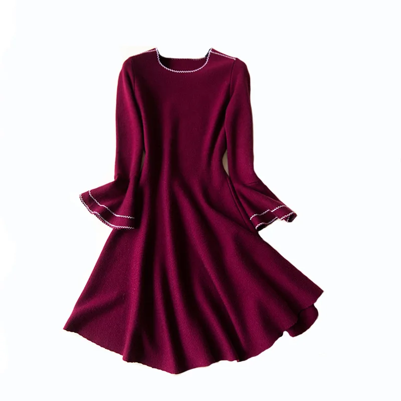 Вязаное платье с рукавом-колоколом Женская одежда Новинка 2019 стильный
