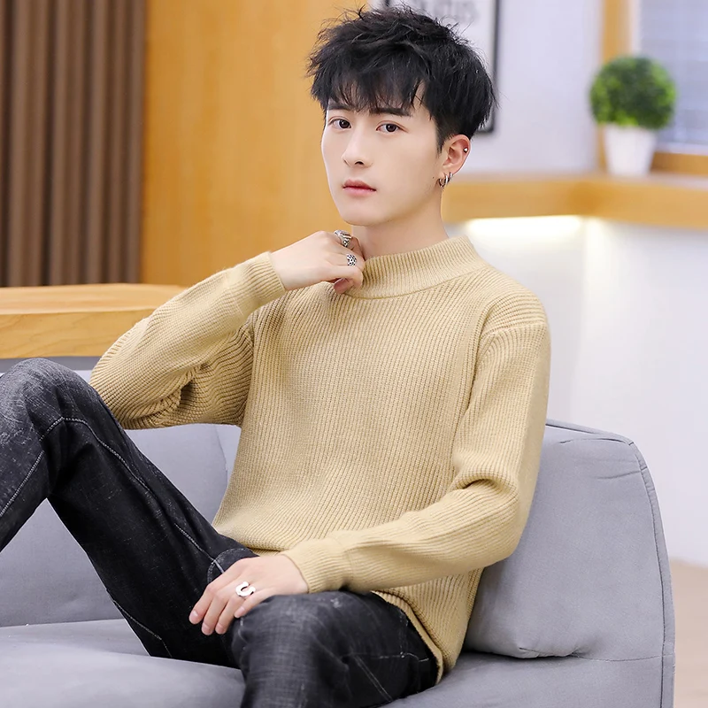 Мужской плотный теплый свитер с высоким воротником Брендовые однотонные мужские