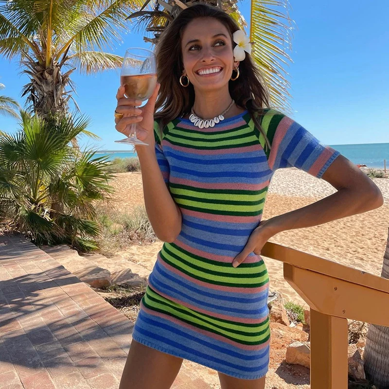 

Rockmore Harajuku Striped Print Mini Dress Knitted Bodycon Short Sleeve Dresses Women Summer Y2K Vintage Beach Party Sundress