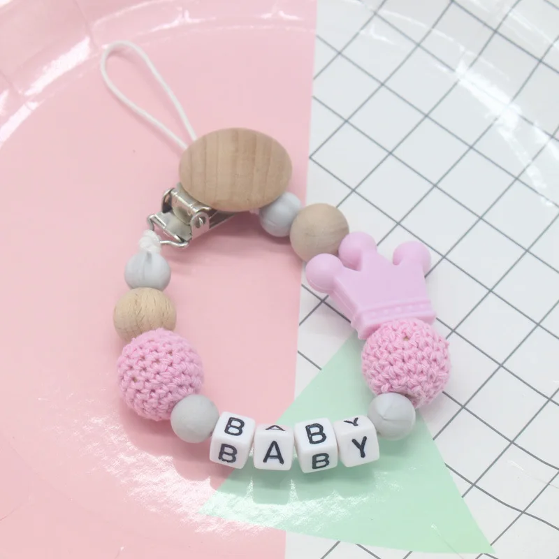 

New Beech Wood Silicone Pacifier Chain Baby Pacifier Clip Crochet Beaded Silicone Crown Pacifier Chain