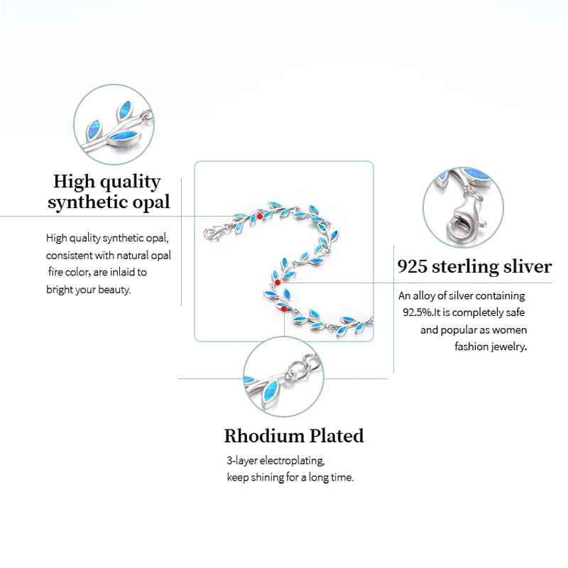 

Charm Bracelet Chain 925 Sterling Silver Jewelry Synthetic Opal Bangle 2021 Wholesale Fashion for Party TRENDY Olive Leaf Branch