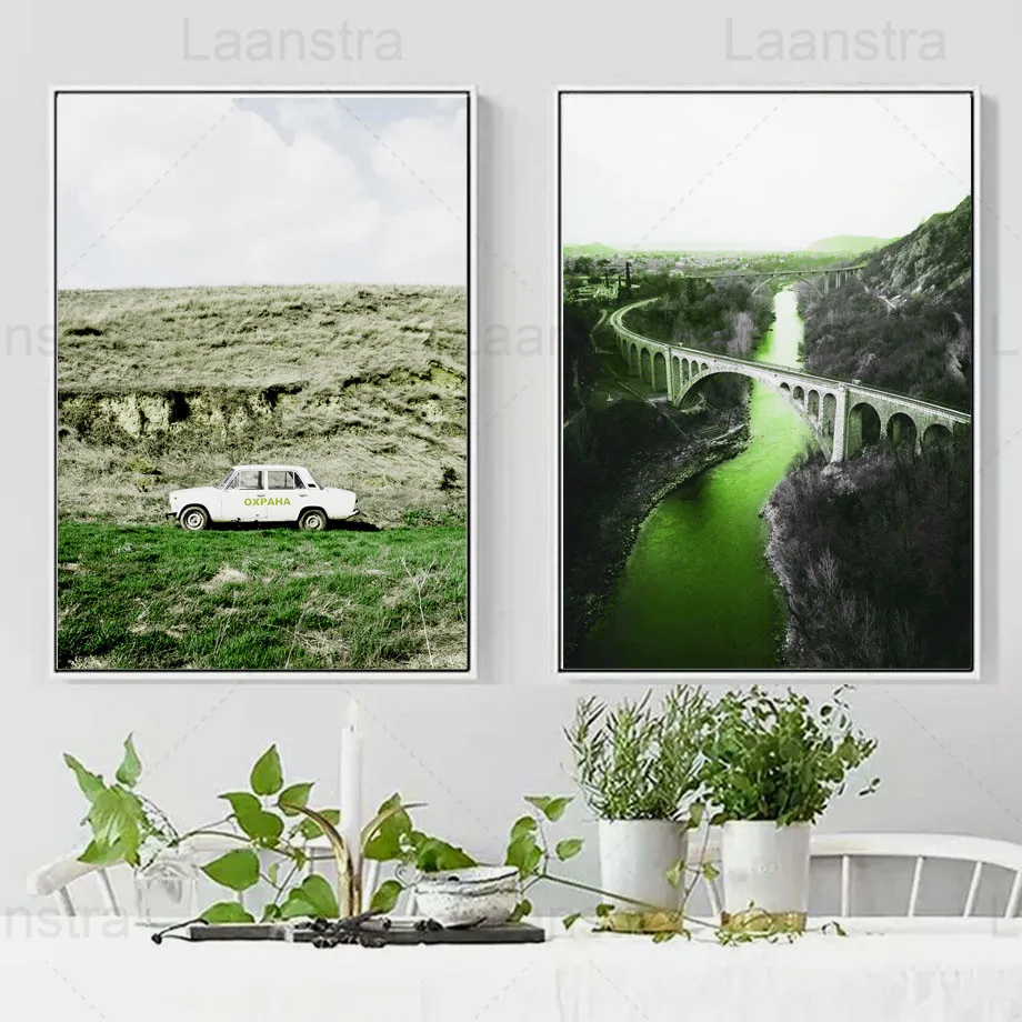 

The Bridge Between The Mountain and The River Home Decoration Painting Green Living Room Canvas Painting Train Travel Poster