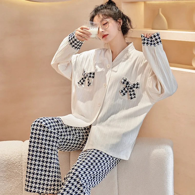 V Neck Sleepwear Women Spring Autumn Pajamas Swallow Gird Casual Pyjama with Trousers 2 Pieces Cotton Mujer Korean Style Outfit
