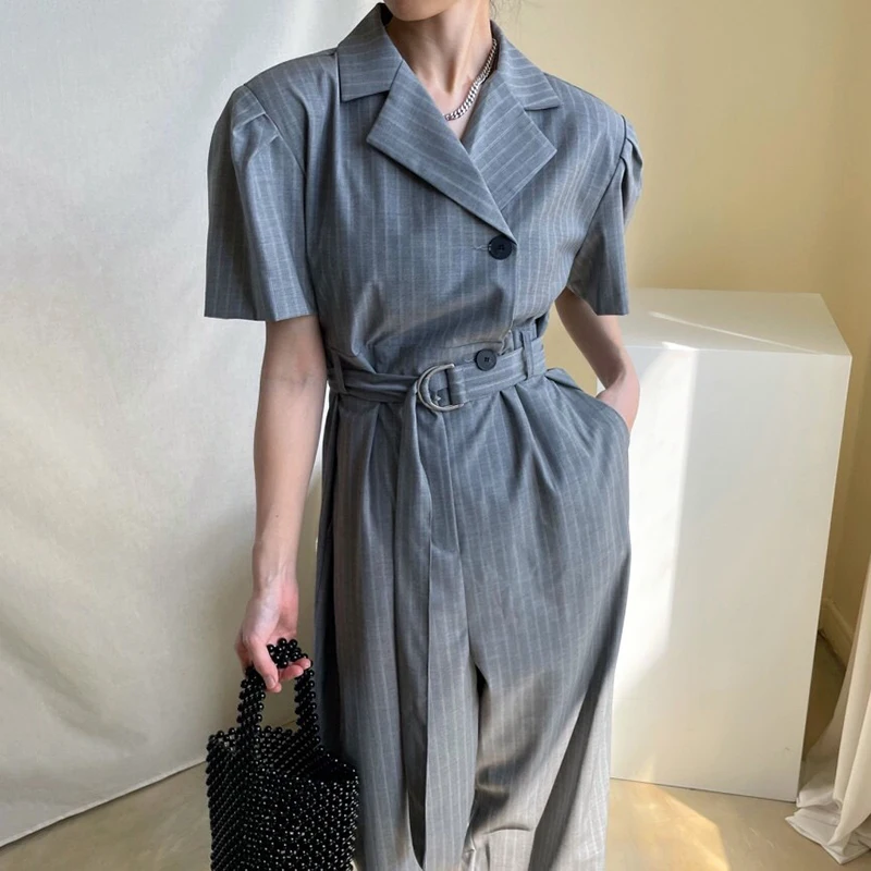 

Korean Chic French Retro Suit Collar Two Buttons High Waist Ring Buckle Tied Wide Loose Stripe Jumpsuit Trousers Women