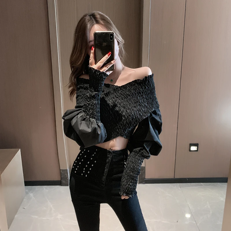 2019 осенние Рубашки с воротником-лодочкой блузка открытыми плечами женские