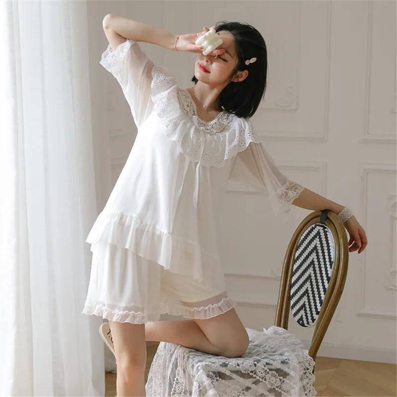 

Vintage Pajamas Set Women Summer White Ruffle Collar Mesh Lace Sleep Tops Bottoms Shorts Girl Pyjamas Sleepwear Lounge Nightwear