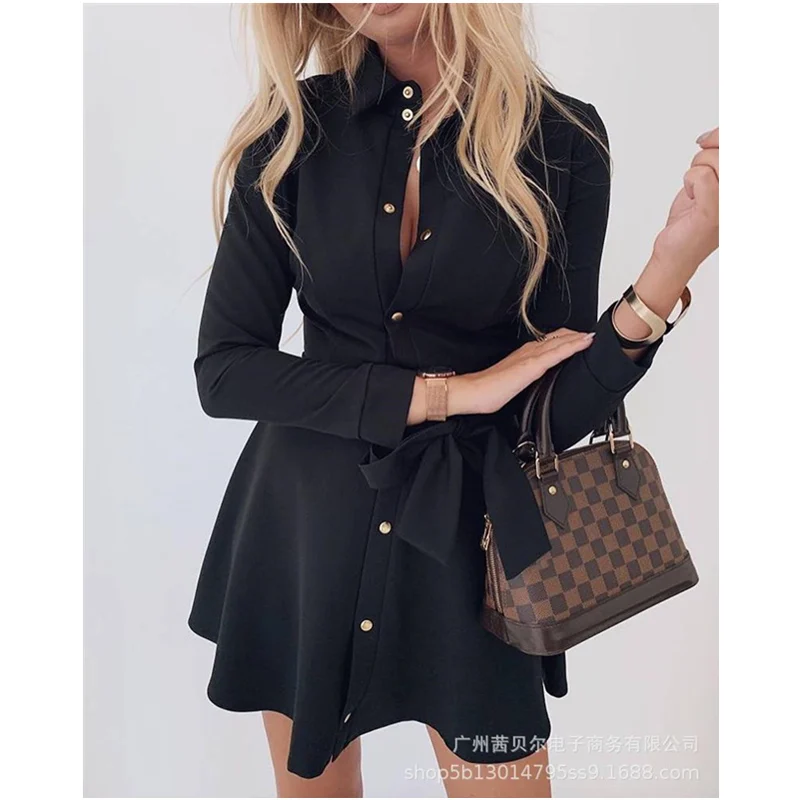 

Mandylandy Women's Elegant Bandage Shirt Dress Ladies Casual Fashion Long Sleeve Turn Down Collar Single Breasted Pleated Dress