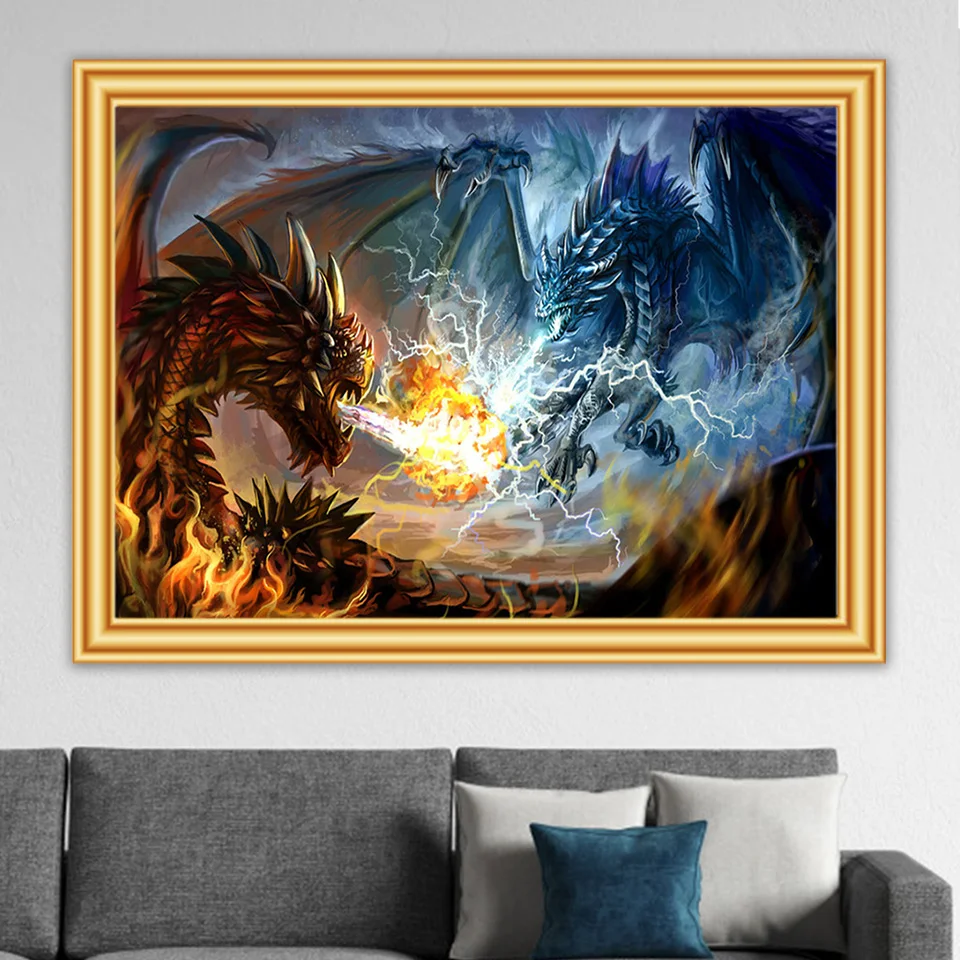

New 5D DIY Diamond Painting Fantasy "Fire Dragon VS Lightning Dragon" Full Diamond Embroidery Decoration Gift Painting Picture
