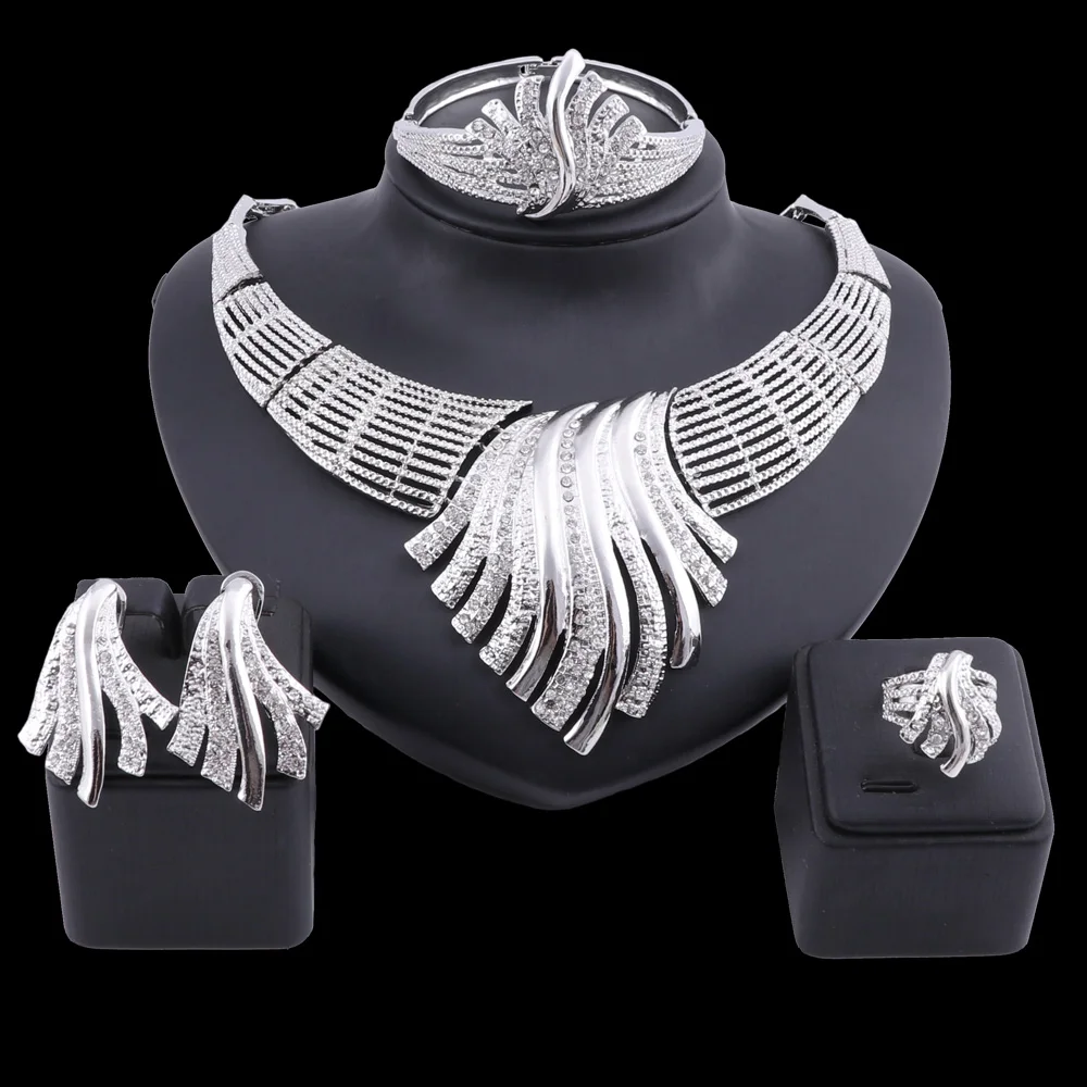 

OEOEOS African Bridal Dubai Jewelry Sets Crystal Silver Color Necklace Earrings Ring Bracelet Nigerian Women Wedding Jewellry