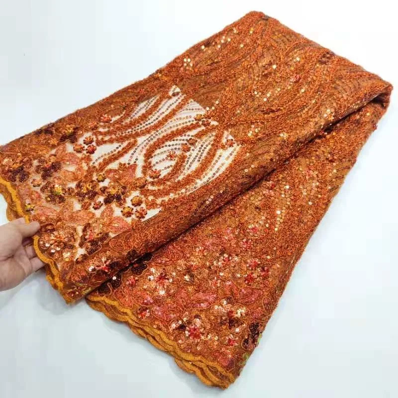 

Nigerian Lace Fabric 2021 Orange Fashion Sequined Lace For Wedding Latest African French Lace Embroidery High Auality 5yards