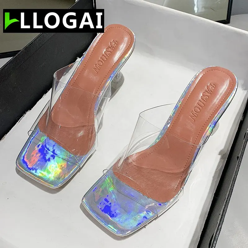 

Fashion High Heels Summer PVC Jelly Women Slippers High Heels Slippers Sandals Transparent Square Heel Peep Toe Women Shoes 2021