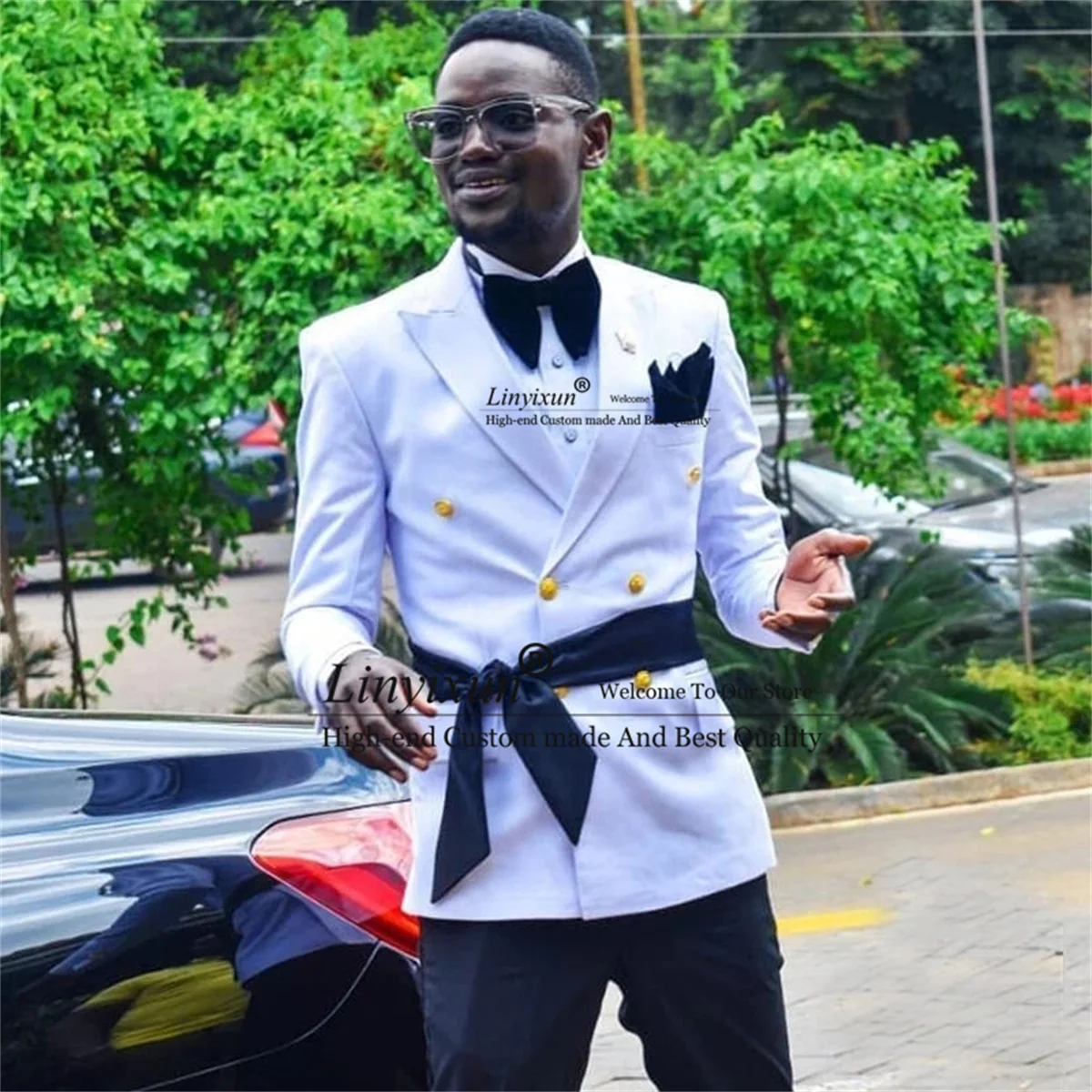 

White Double Breasted Men Suits With Belt Slim Fit Wedding Groom Tuxedos 2 Pieces Jacket Pants Set Terno Masculino Male Blazer