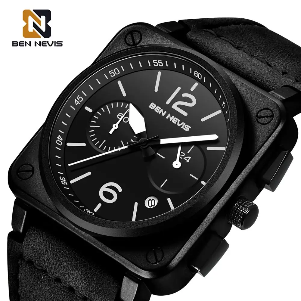 Часы мужские с большим циферблатом кварцевые наручные часы хронографом кожаным