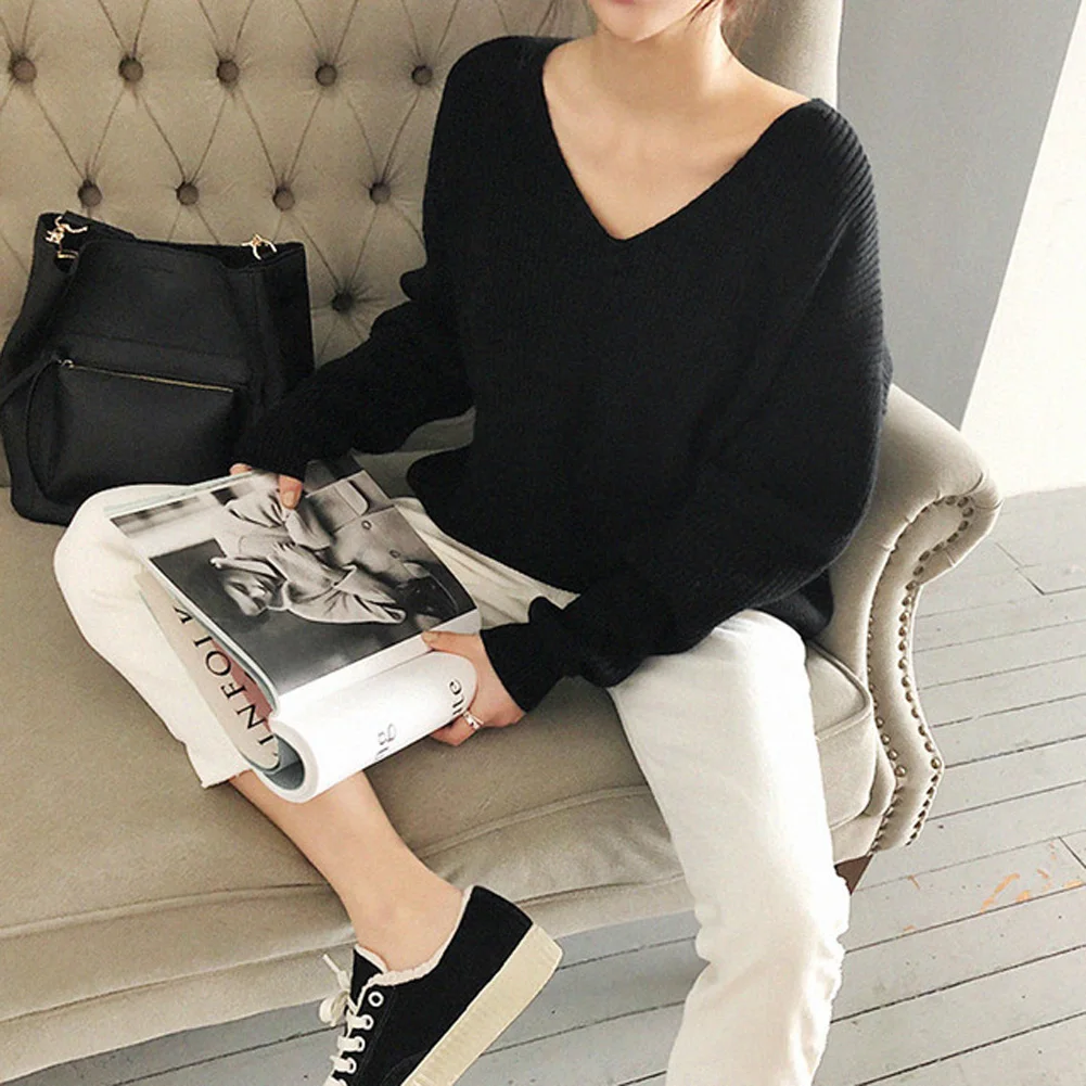 Fashion Casual Women's Clothing Female Solid V Neck Long Sleeved Knitted Sweater Women Soft Pullovers Knit Tops Hot | Женская одежда
