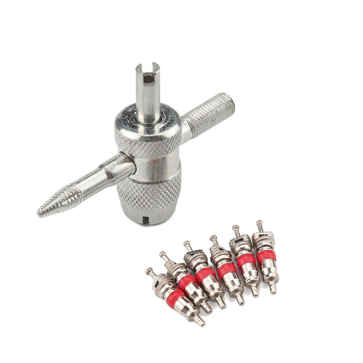 

4-Way Valve Tool with 6 Brass Valve Cores for All Vehicle AMD Air Conditioning Car Truck Tire Valve Screwdriver Rod core Removal