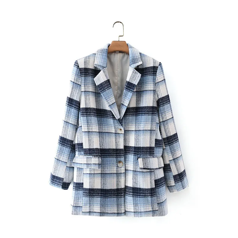 

Elegant Women Blue Plaid Blazer 2021 Fashion Ladies Slim Notched Collar Jacket Streetwear Female Causal Loose Pocket Coats