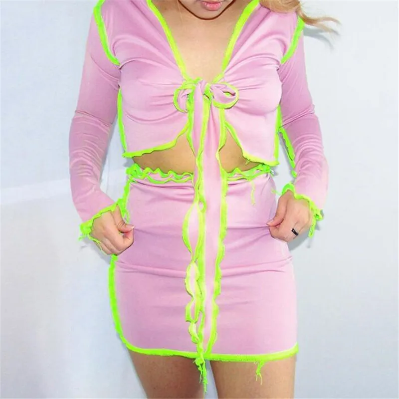 

2021 Women's Autumn Clothing Clubwear Women Two Piece Color Block Clothes Sets Bow Tie Front Long Sleeve Top+High Waist Skirt