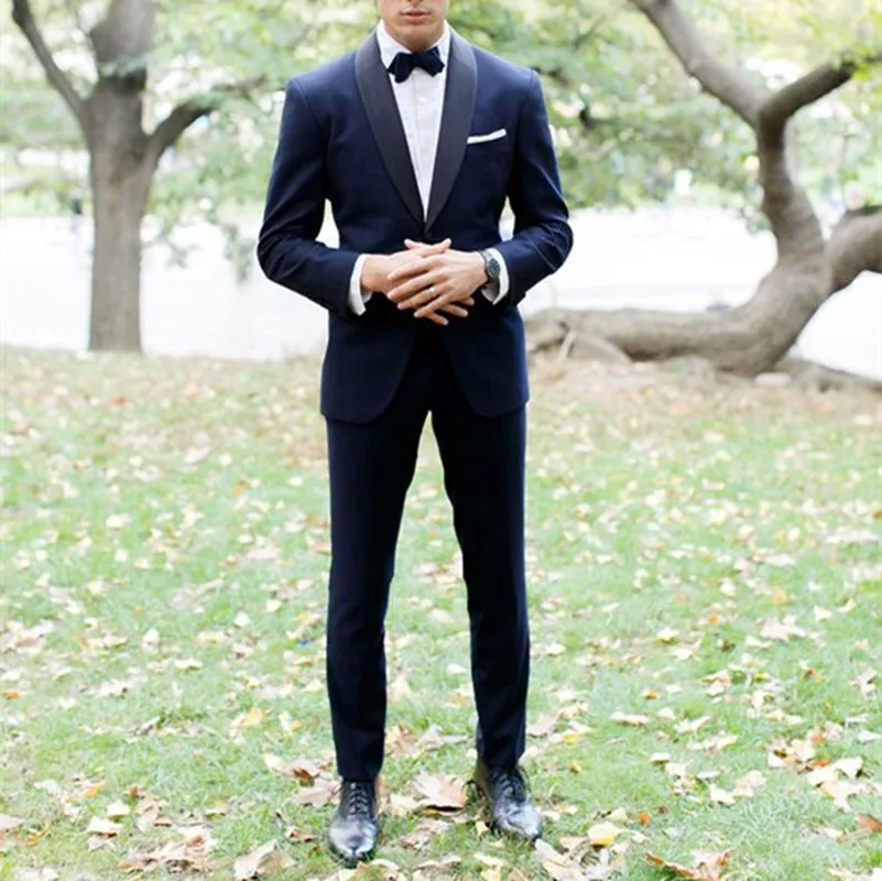 Темно синий смокинг мужские свадебные костюмы из 2 предметов мужской костюм блейзер с лепестками лацканами