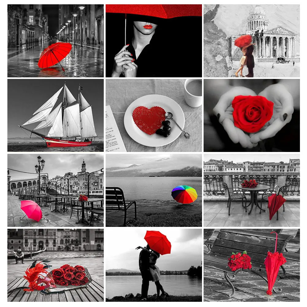 Новый Пейзаж 5D алмазная живопись красный зонт Алмазная вышивка черно-красная 3D