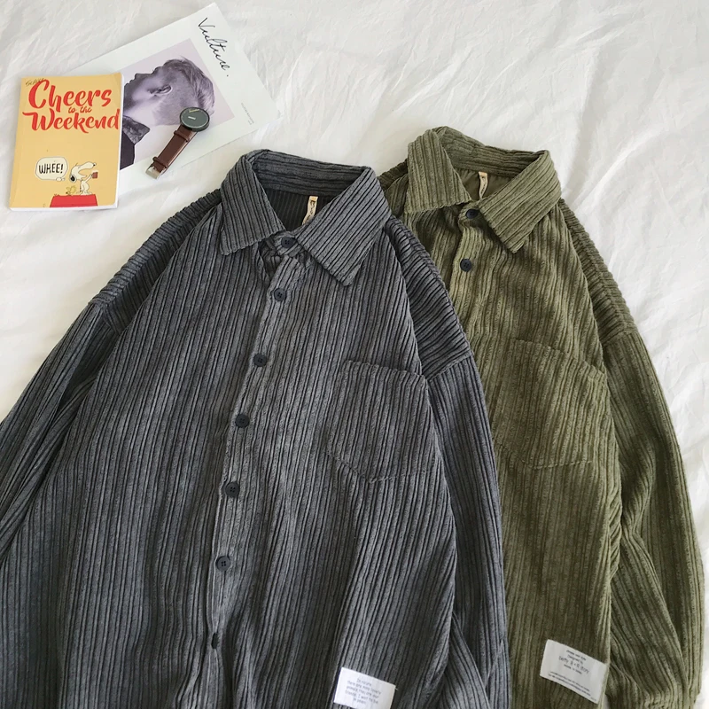 Мужская Вельветовая рубашка модная повседневная Однотонная в стиле ретро