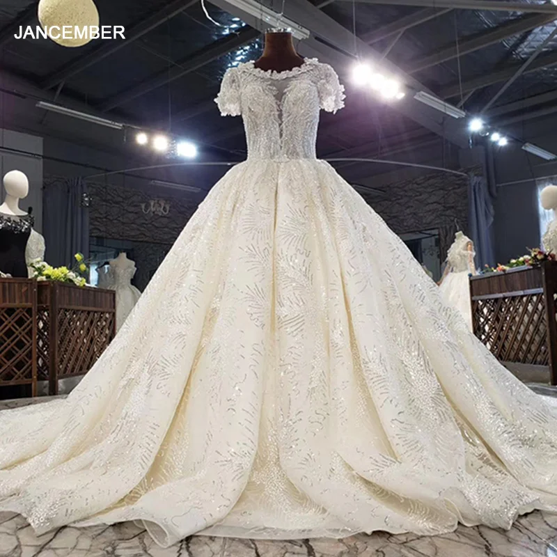 

HTL1613 Luxurious Neckline Flowers Made Of Sequins Crystal White Wedding Dress 2020 Backless O-Neck Ball-Gowns vestido novia