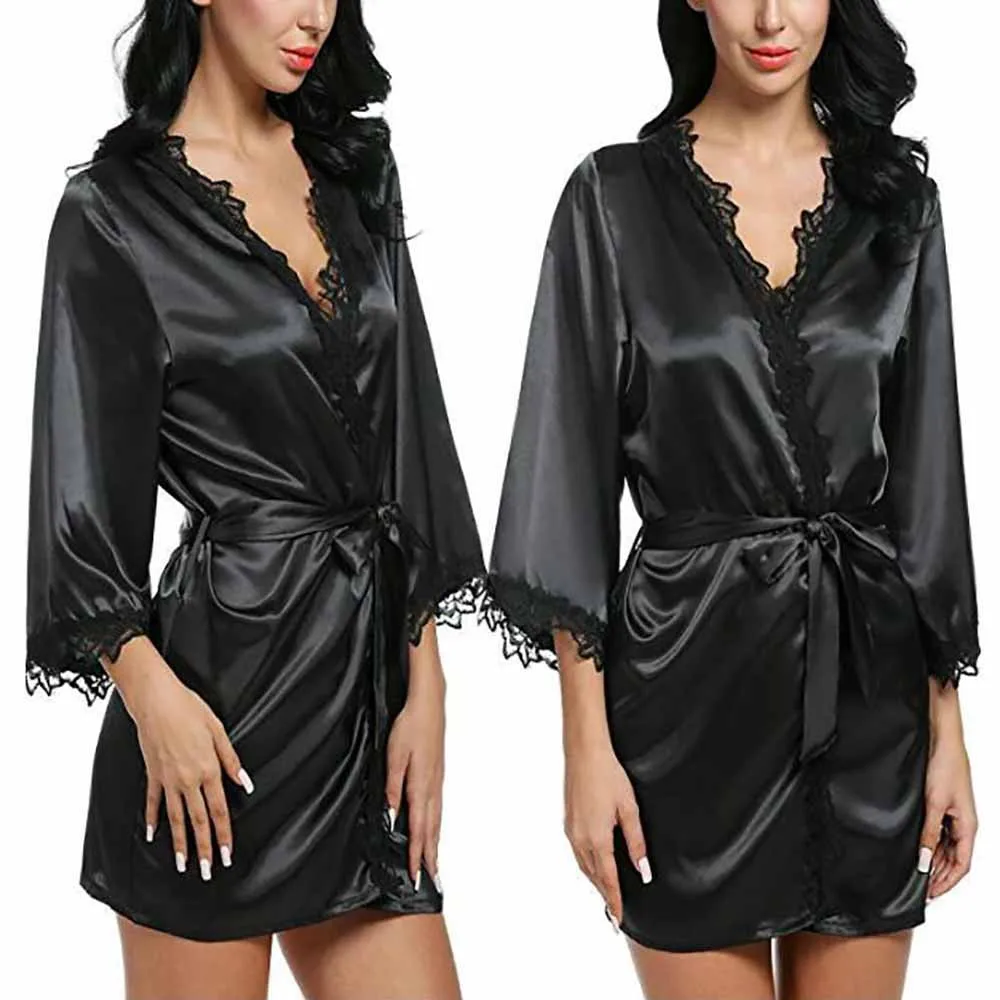 

2020 Fashion New Summer High Quality Women Sexy Silk Dressing Babydoll Lace Lingerie Belt Bath Robe Nightwear Casual Sexy