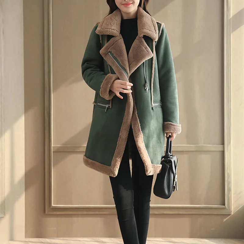 Winter Women Zipper Medium Long Coats Cotton Solid Long Sleeve Outerwear Thick Parkas Female Lambswool Casual Trench New Jackets