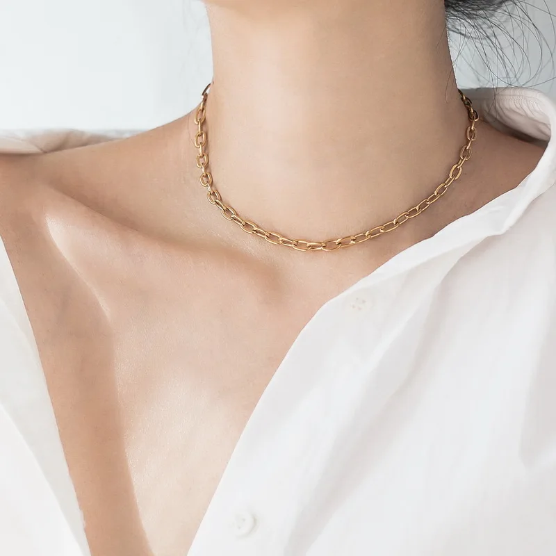 

YUN RUO 2020 Trend 14K Gold Color Link Chain Choker Necklace Woman Fashion Titanium Steel Jewelry Gift Never Fade Hypoallergenic