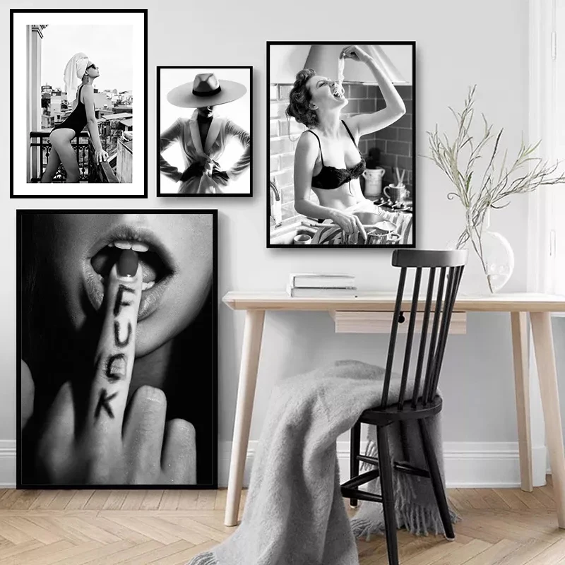 

Black White Nordic Poster Prints Anime Wall Art Canvas Painting Fashion Decor Pictures Living Women Room Home Decor Lady Figure