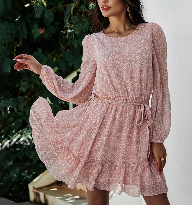 

Women's Dress Spring and Summer Waist Round Neck Long-sleeved Floral Lotus Leaf Plus Size Dress 2021 New