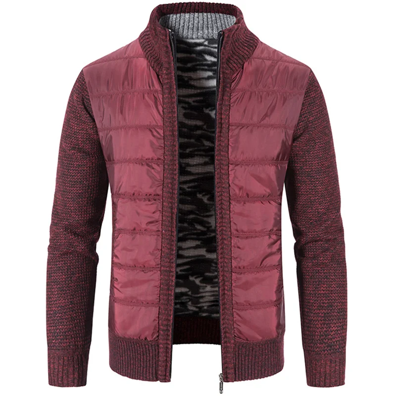 Зимнее пальто Новый мужской свитер кардиган на молнии в стиле пэчворк теплый