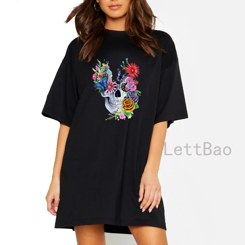 

Графический Череп Цветочные Забавный принт Vrouwen футболка зомер Hals/переработка отходов Mouw Harajuku Мини Вечерние платья для женщин, одежда для д...