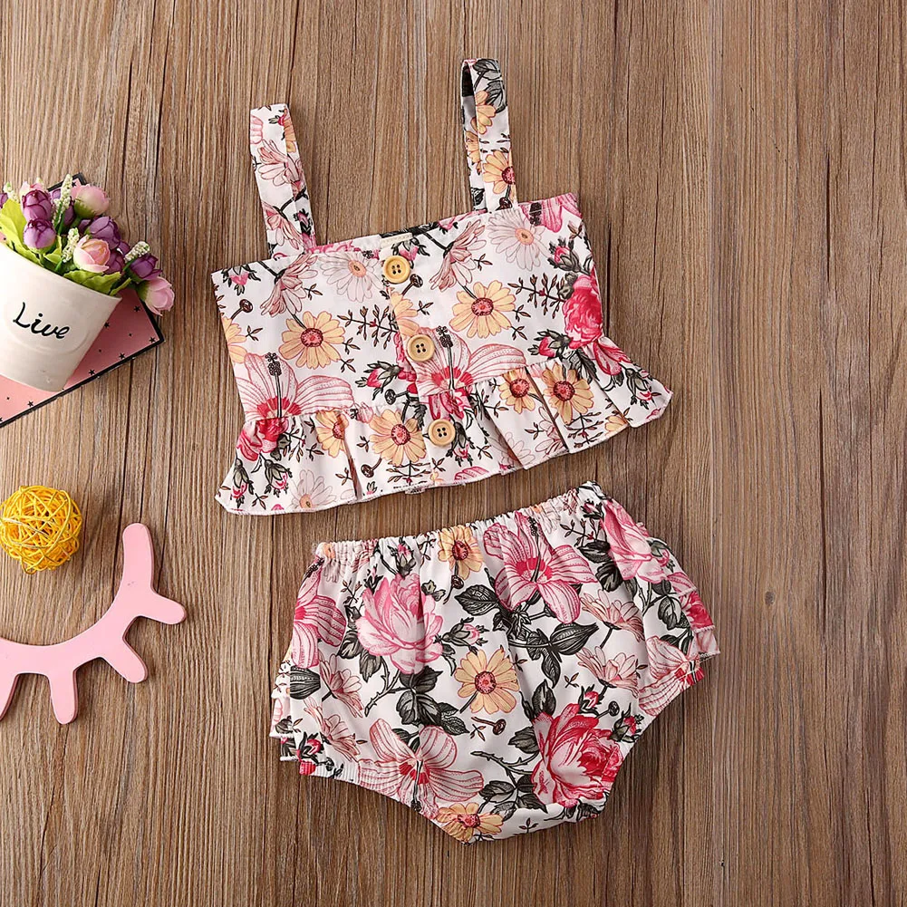 

Pudcoco Newborn Baby Girl Clothes Flower Print Strap Ruffle Crop Tops Short Pants 2Pcs Outfits Cotton Clothes