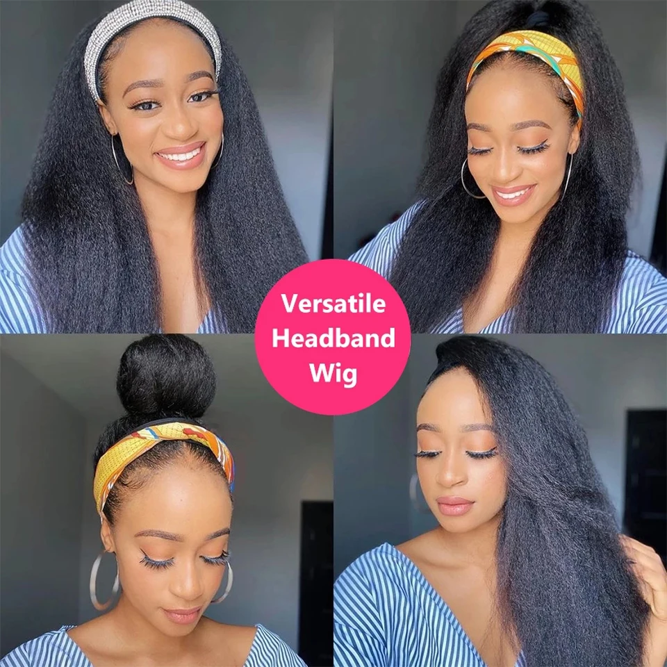 Kinky Straight Headband Wig Human Hair Glueless Half With Head Band Brazilian Yaki Wigs For Black Women | Шиньоны и парики