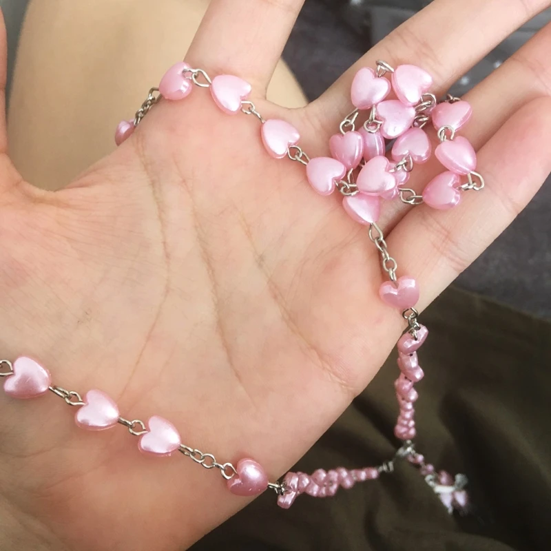 

Catholic Love Rosary Prayer Necklace Mary Blessing Cross Pendant Necklaces Heart Shaped Beads Long Chain Fashion Jewelry