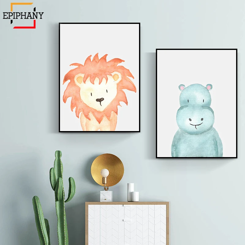 Бегемот принт для детской слон жираф Лев акварель животное холст живопись