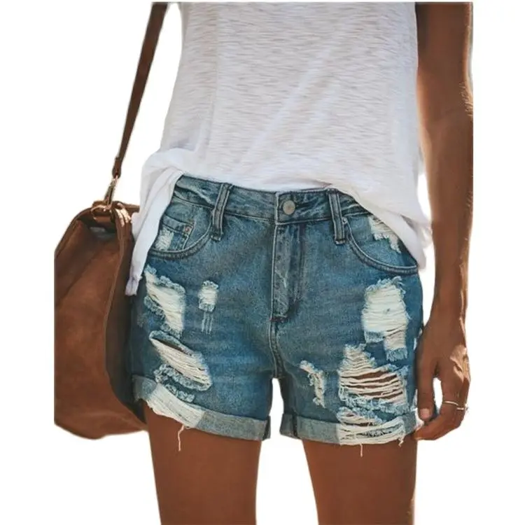 

2021 New Arrival Women Button Fly High Cotton Elastic Plus Size Denim Ripped Jeans Straight Hole Tassel Shorts