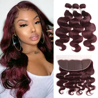 99jburgundy body wave human hair bundles with frontal 13x4 soku redwine brazilian hair weave bundles with closure remy hair