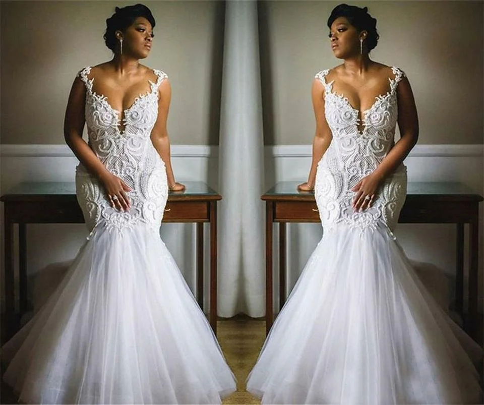 

Lace Mermaid Wedding Dresses Robe De Mariee Romantic Cap Sleeve Bride Dress African Wedding Gowns Vestido De Noiva